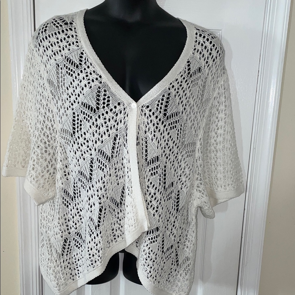 LIZ&Co White Crochet Knit Women's SS Sweater 5X adjustable